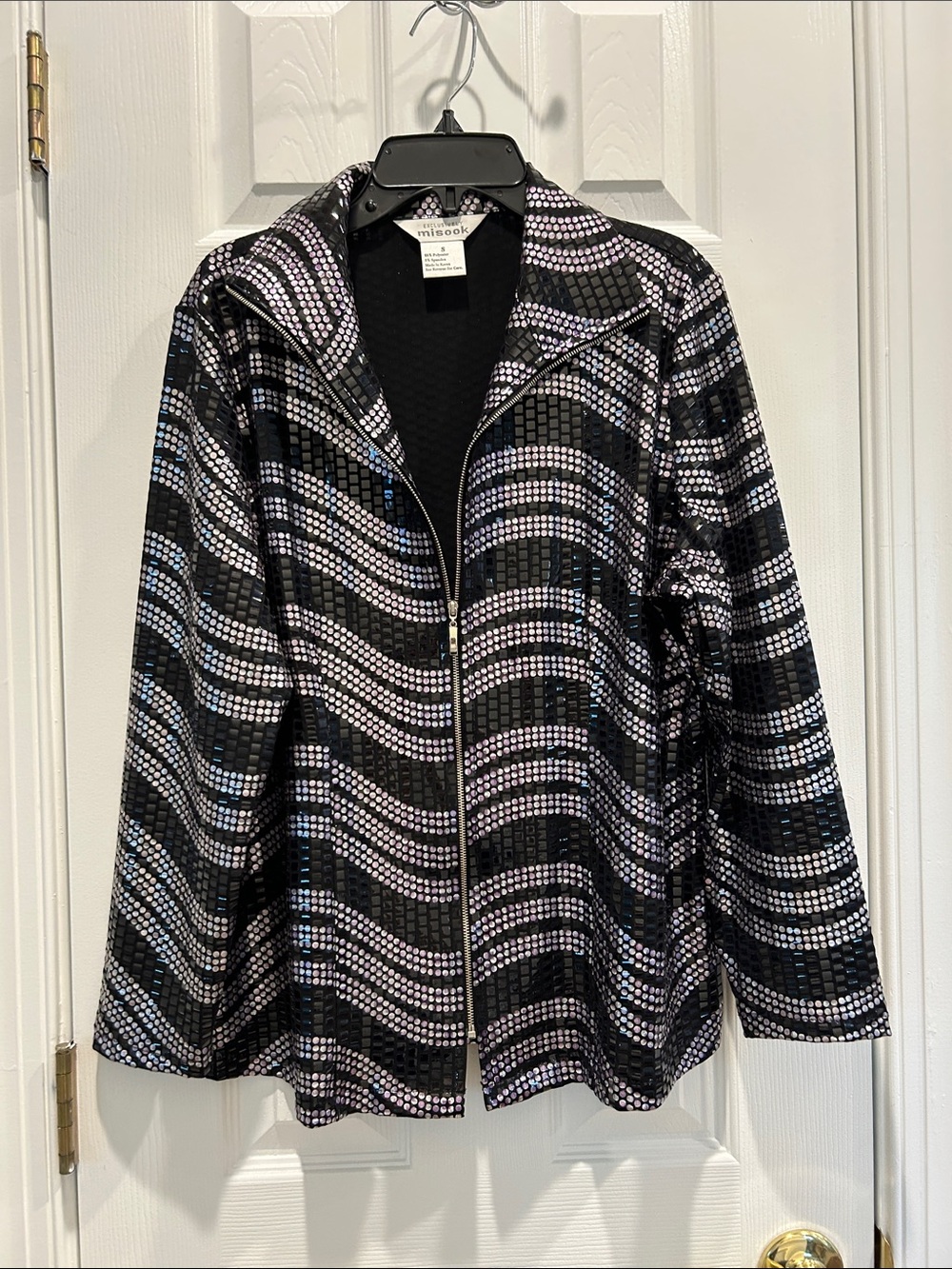 Misook Black Jacket with Silver and Light Blue Sequin Waves